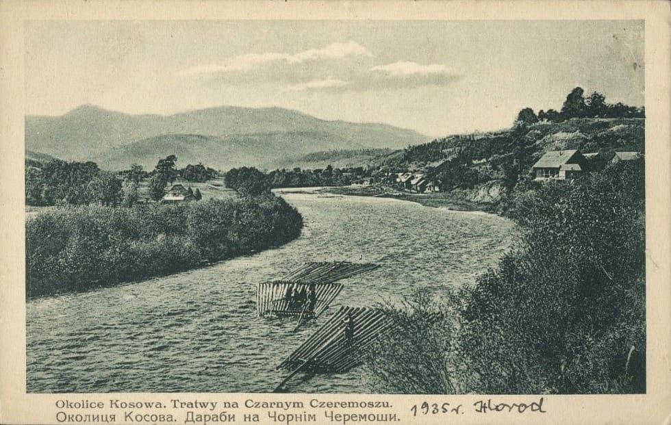 Сплав_дарабами_на_р._Чорний_Черемош_поблизу_Косова._Листiвка,_1930-тi_рр.